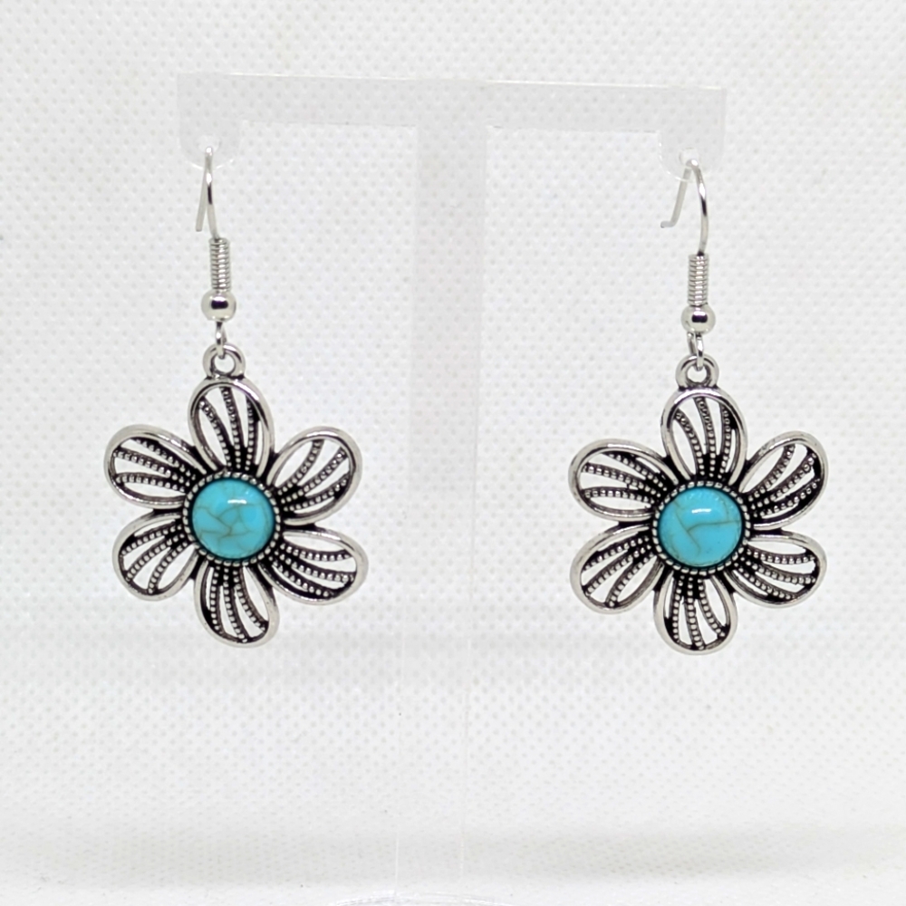 NEW Boho Earrings Silvertone Flower Faux Turquoise Costume Jewelry Cottagecore
